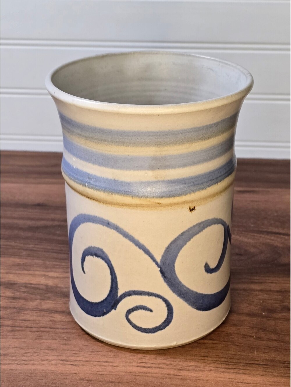Handmade Blue & Cream Stoneware Pottery Crock Swirl Utensil Holder